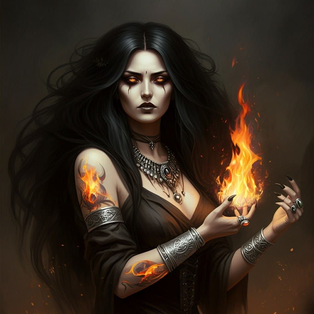 Mystical Fire Elemental Witch in Dark Fantasy Style