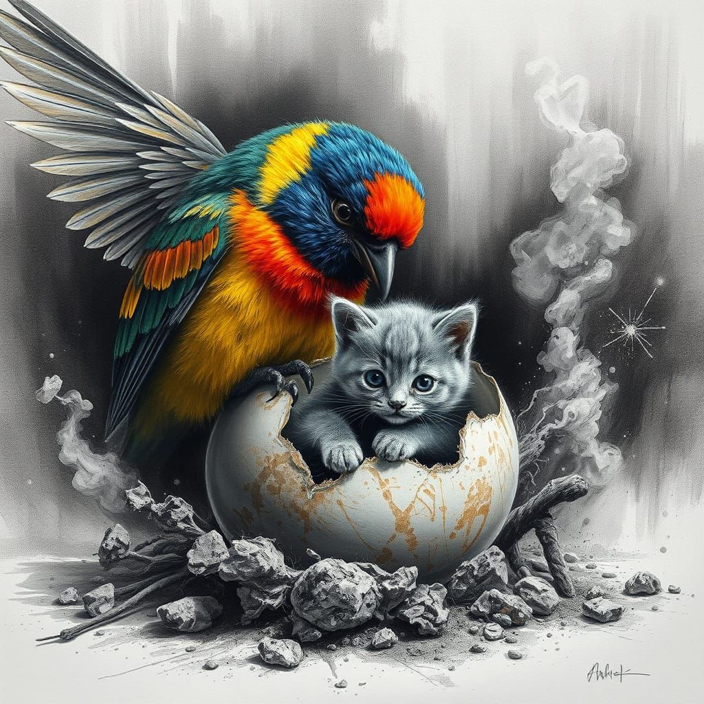 Vibrant Bird Lays Egg as Grey Kitten Emerges in Whimsical Ch...