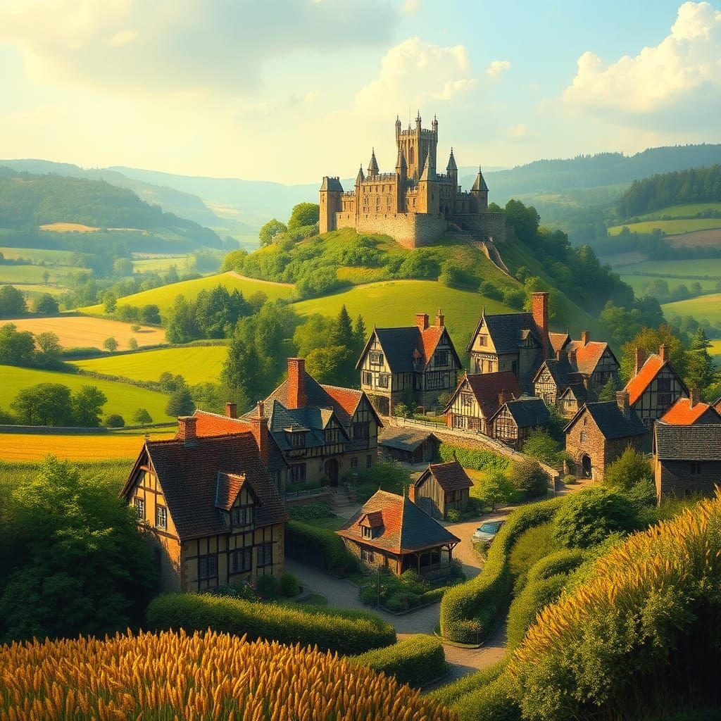 Idyllic Medieval Village Scene in Pre-Raphaelite Style