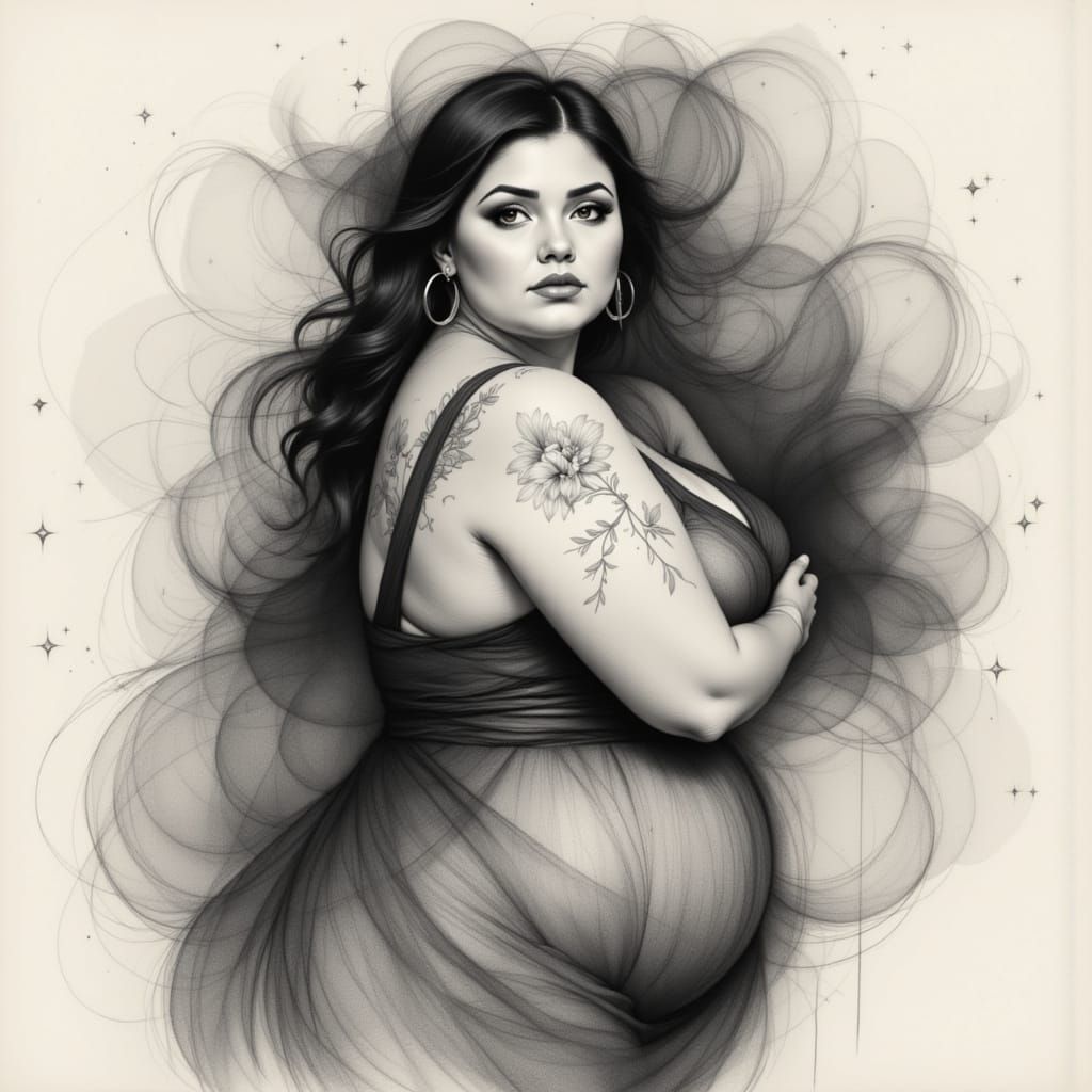 Ethereal Charcoal Portrait of a Curvy Woman