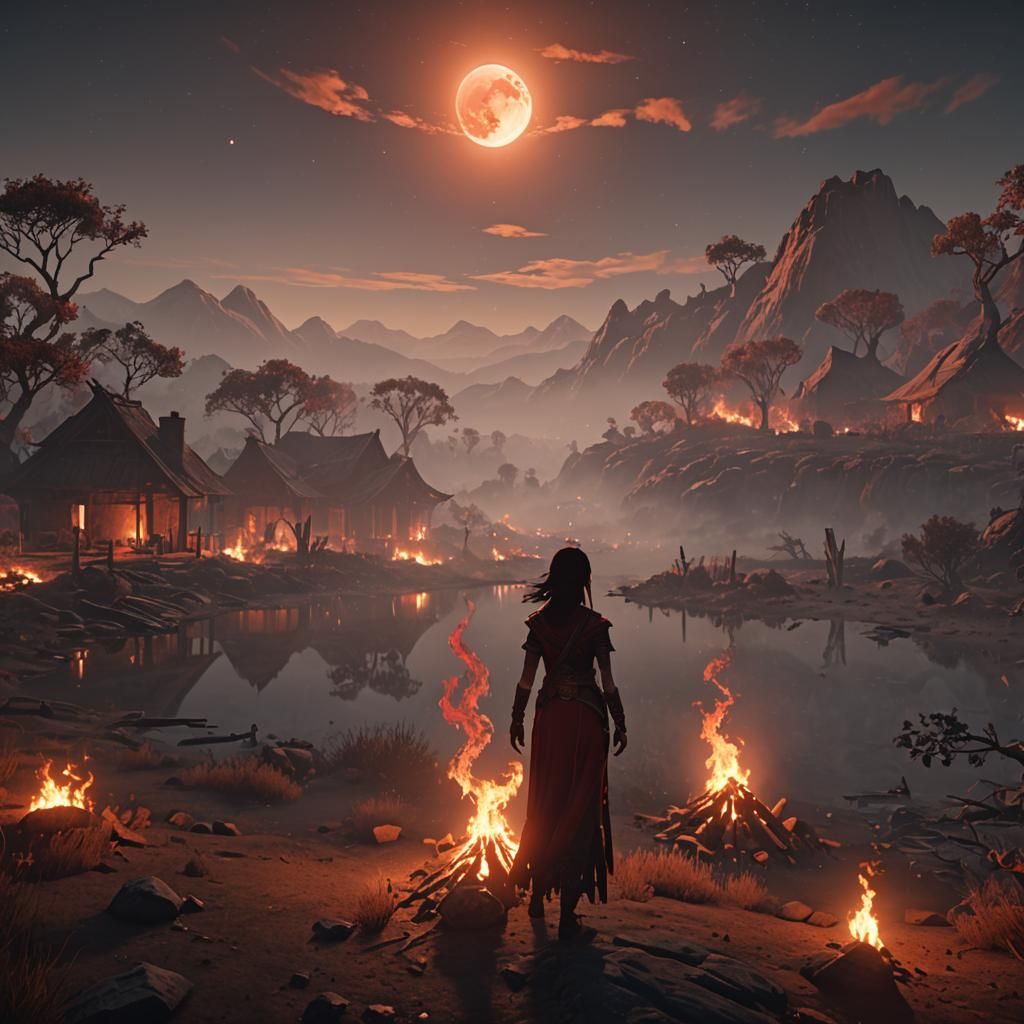 Luminous Moon Over Firelit Landscape