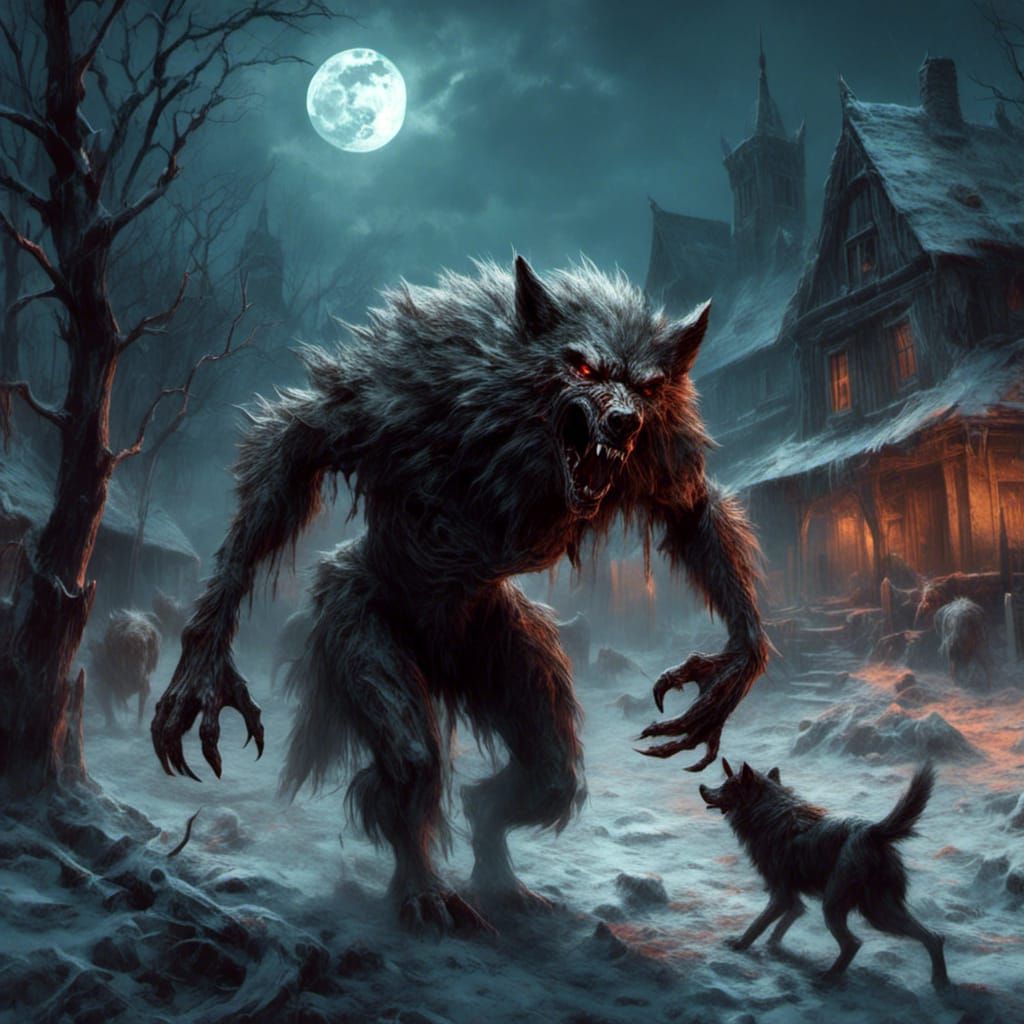 Werewolf Hunting in Winter Village Horror Scene