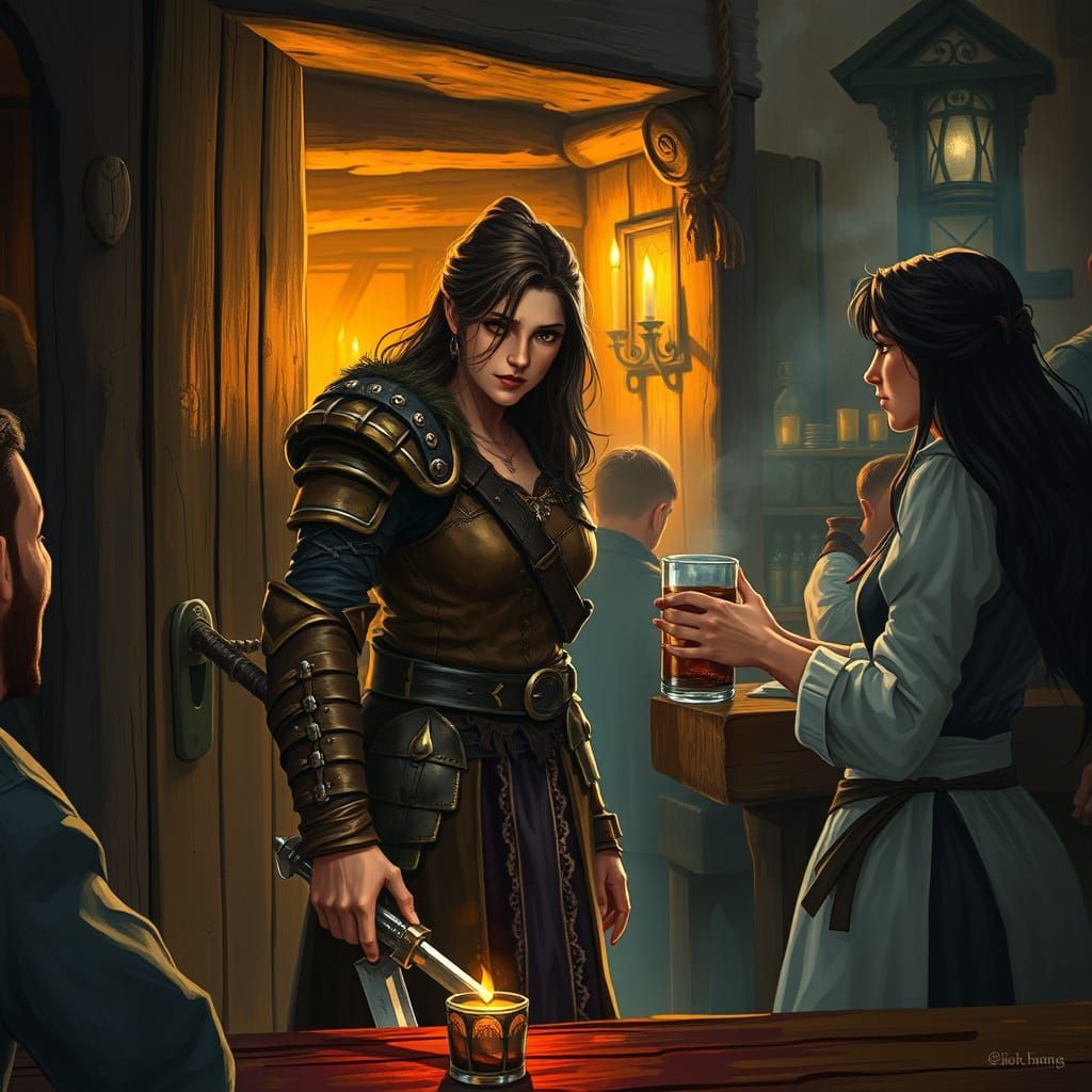 Surreal Fantasy Tavern Scene with Weathered Warrior