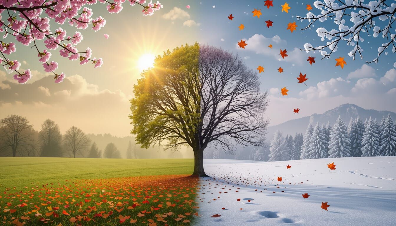 Four Seasons Merging in Surreal Landscape