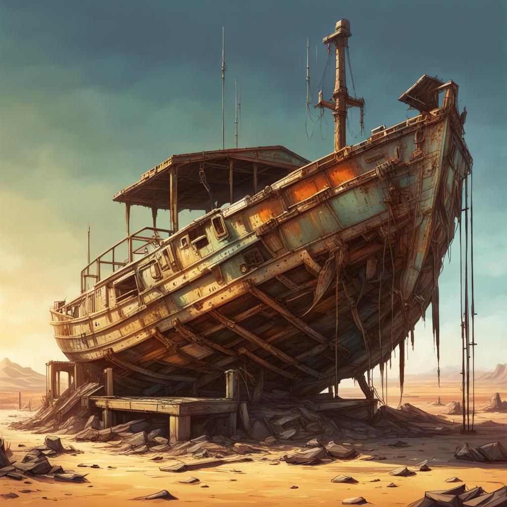 Post-Apocalyptic Desert Boat Dock: Hyperrealistic Concept Ar...