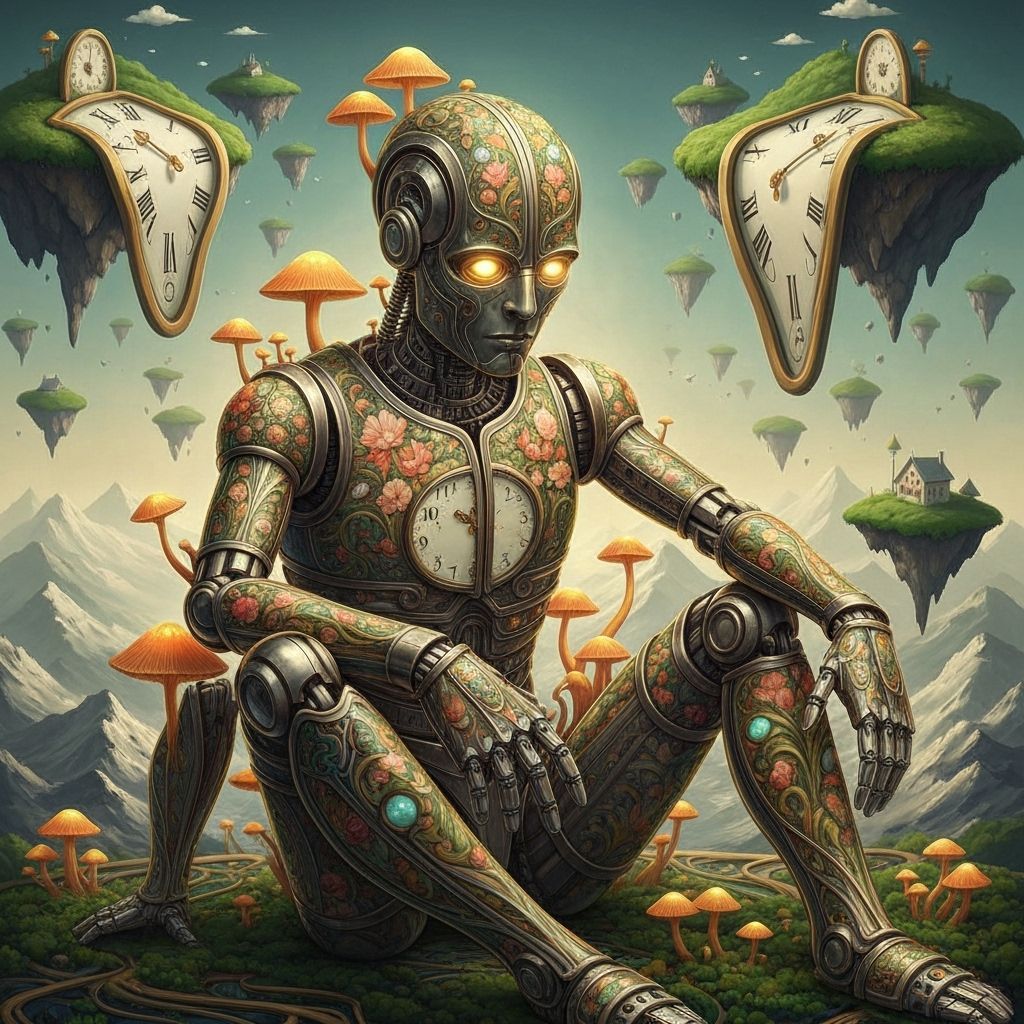 Art Nouveau Robot with Bioluminescent Fungi