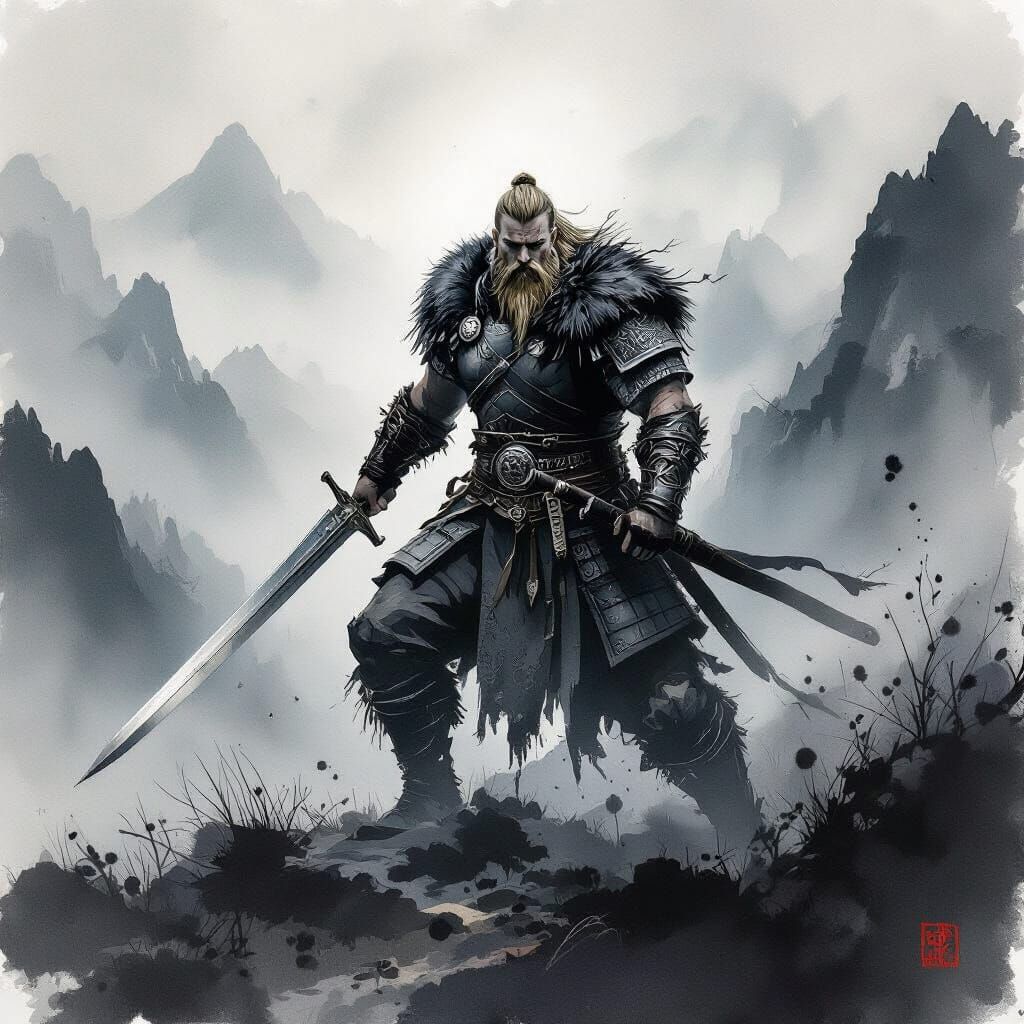 Bjorn Ironside in Ink-Wash Style with Sword