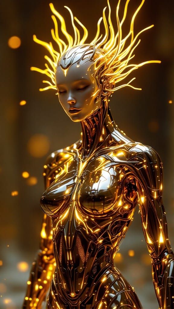 Solar Phoenix Cyborg Angel in Radiant Metal Armor