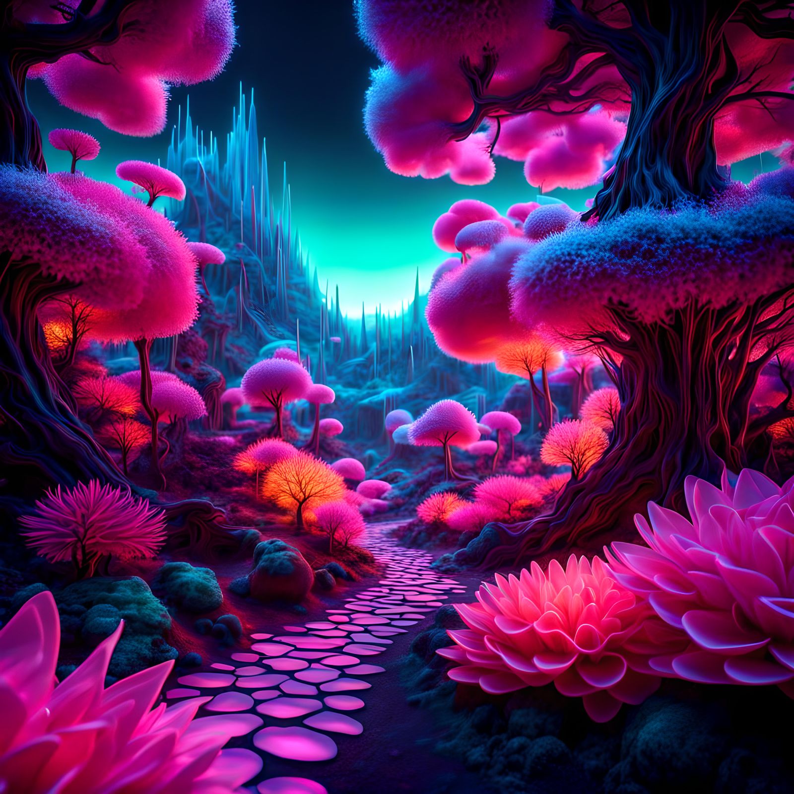 3D mesh array textured organic material forming a fantasy fairy landscape, neon colors, abstract background, hyperdetail...