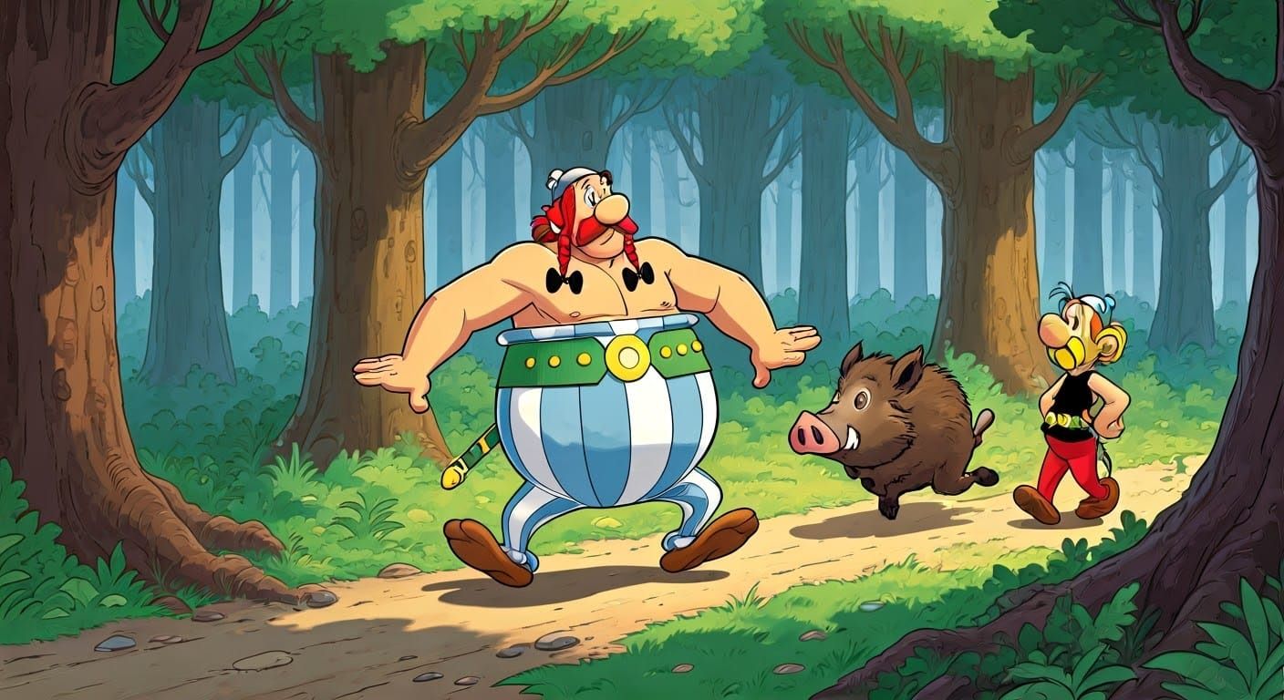 Idefix Chases Wild Boar, Uderzo Comic Style