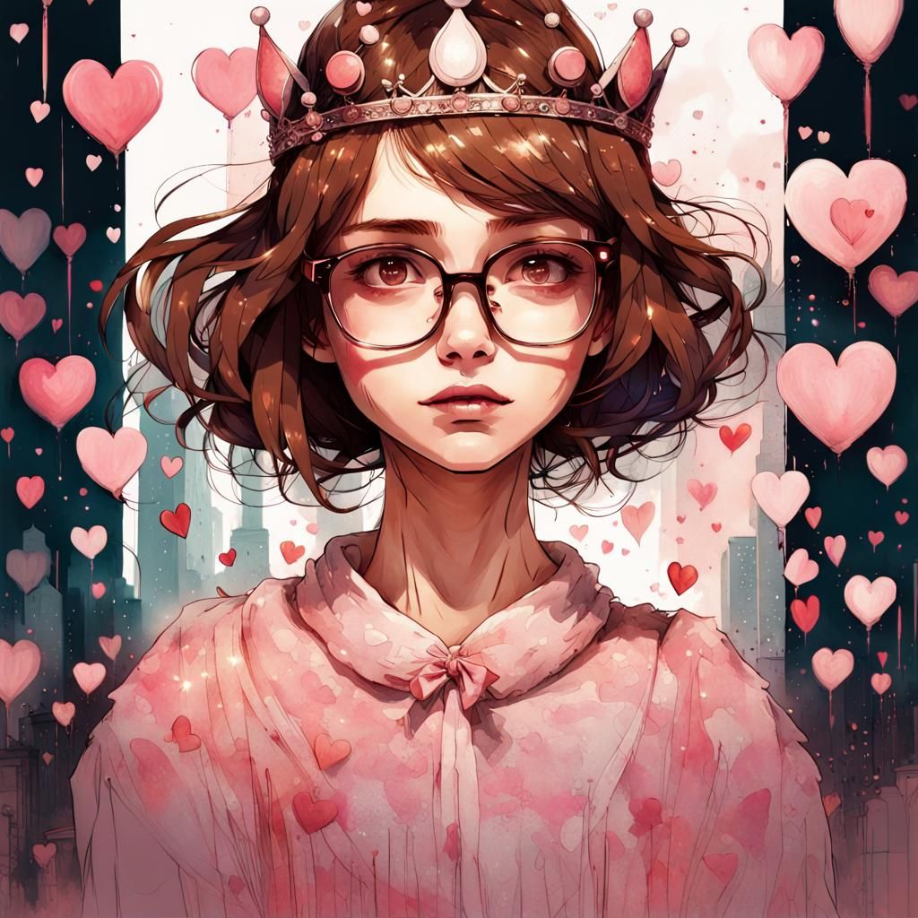 Cute Girl with Hearts in Aquarelle Style