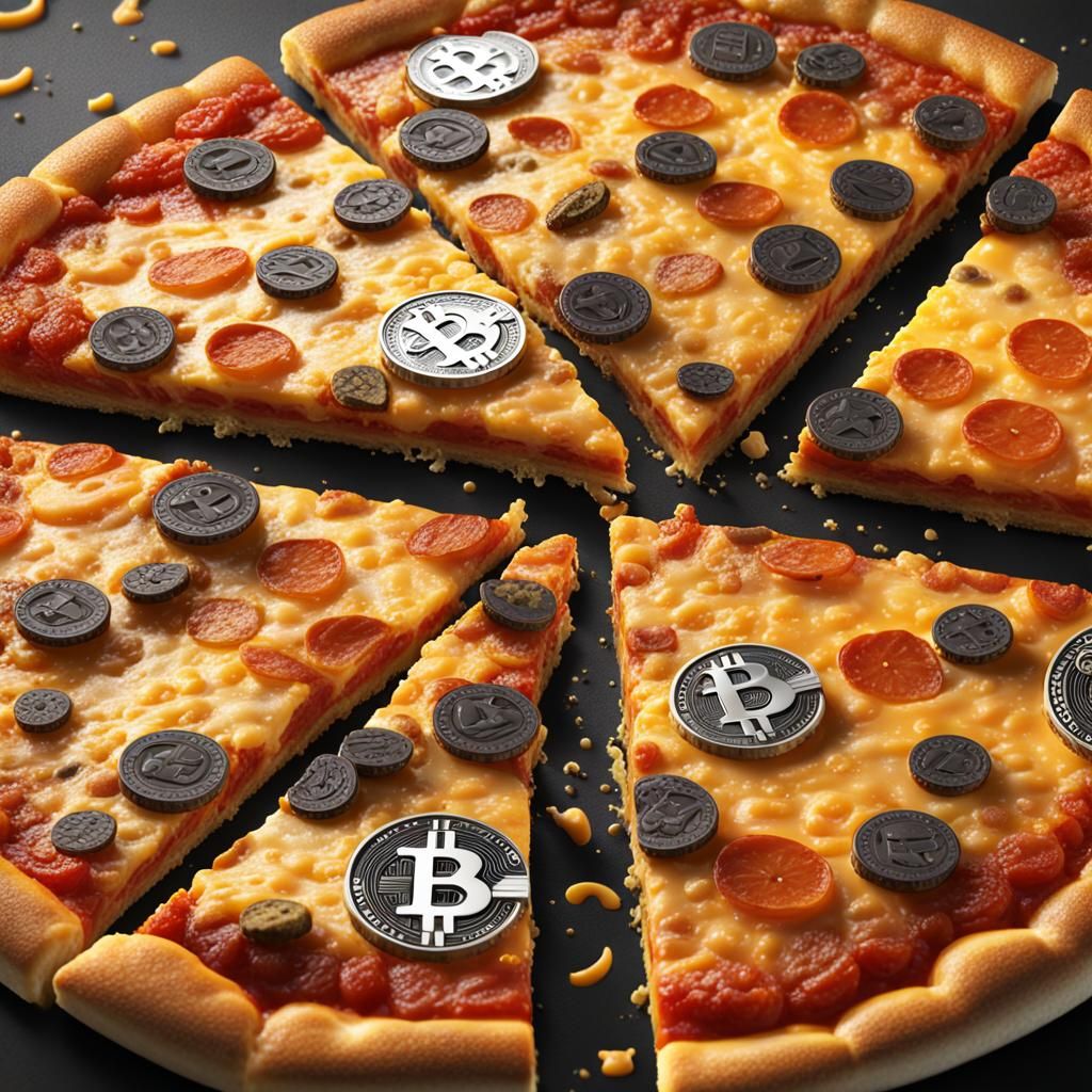 Close up of slice of cheesy Bitcoin pizza