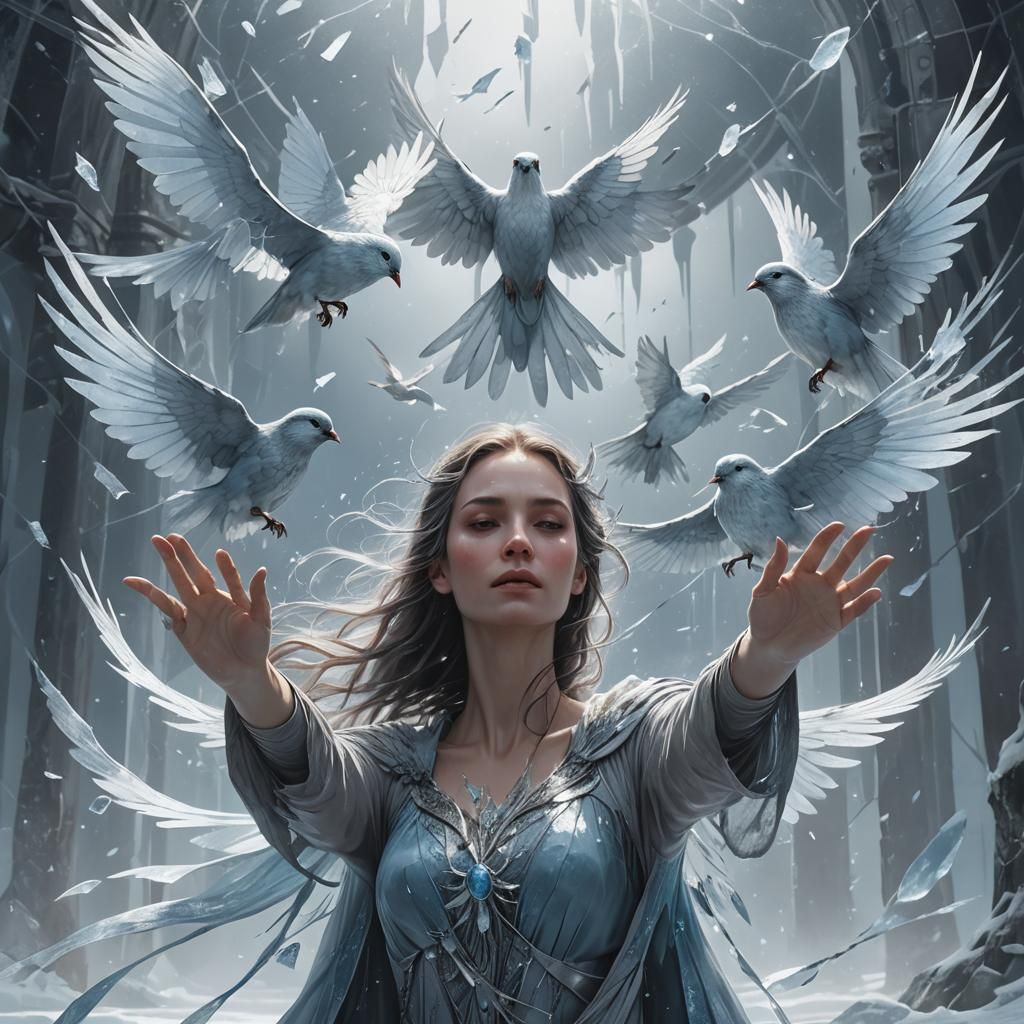 Serene Winged Woman Holding Ice: Mystical Concept Art