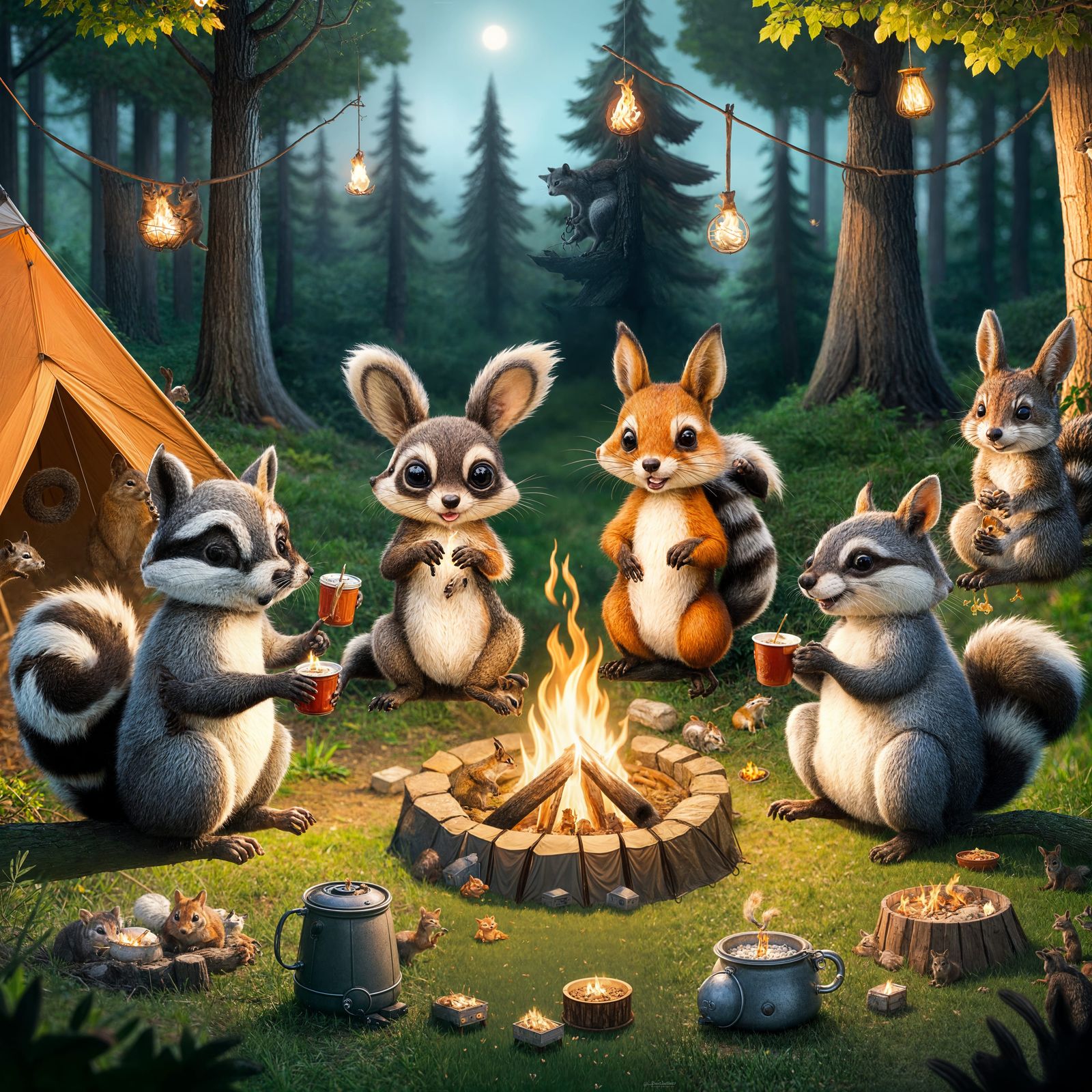 Forest Friends Gather Around a Cozy Campsite