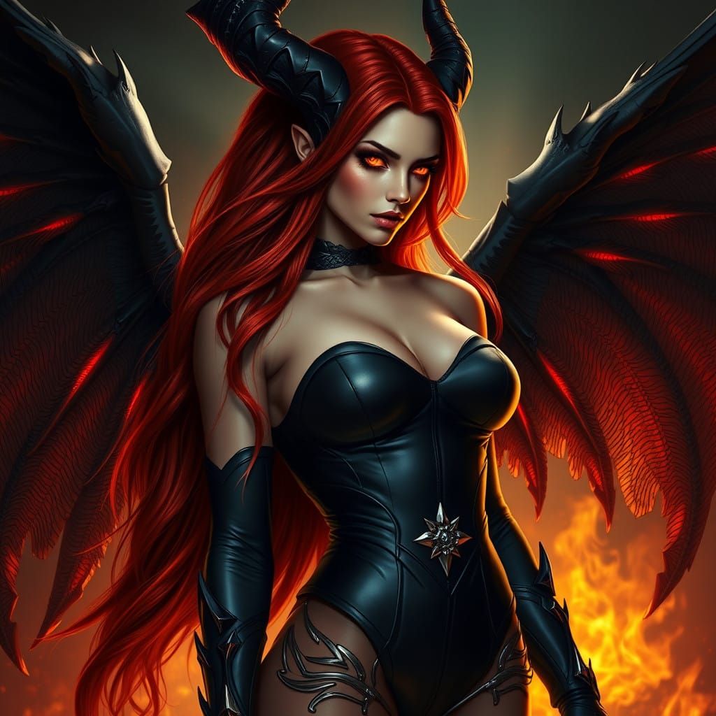 Seductive Female Satan Exudes Danger and Allure with Crimson...