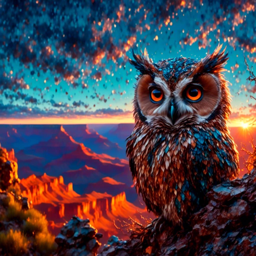 Owl Overlooking Grand Canyon at Sunset