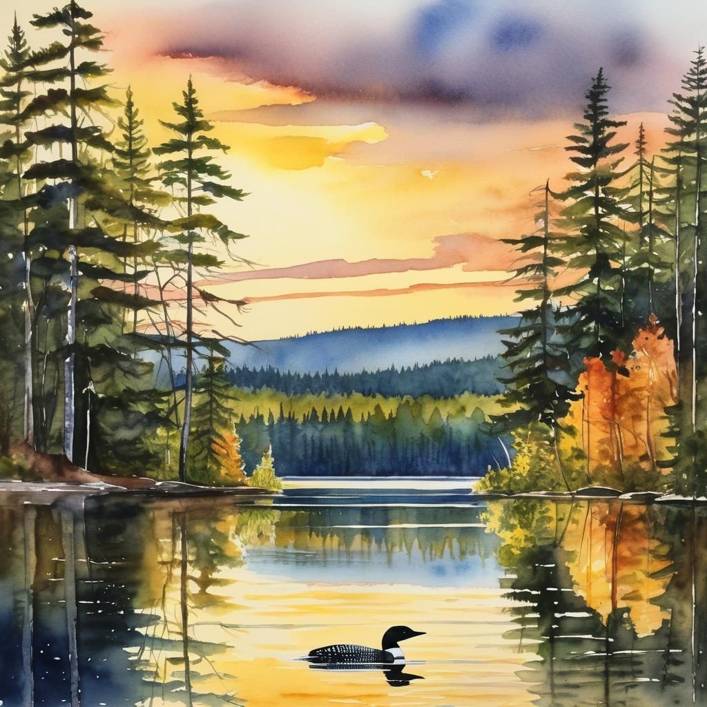 Northwoods Lake at Golden Hour Watercolor Painting