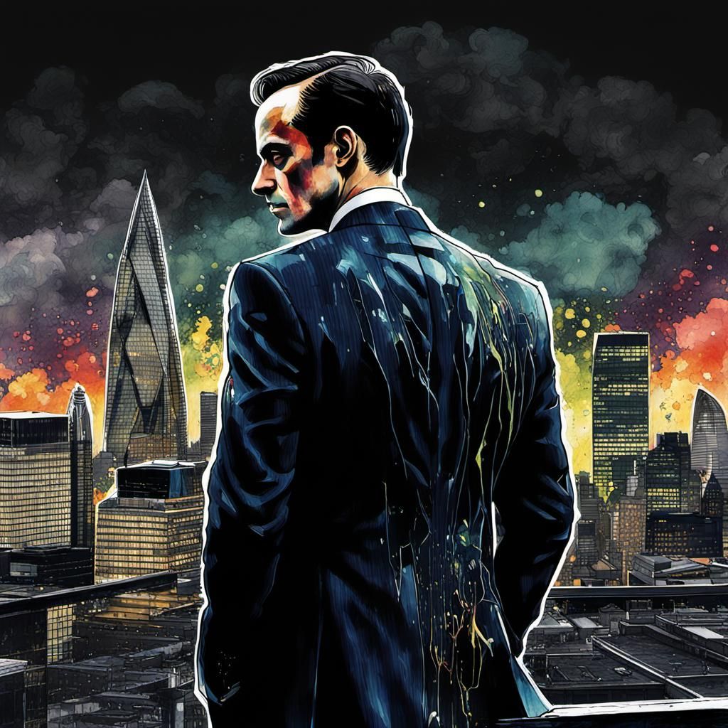 Moriarty Double Exposure on London Rooftop in Watercolor