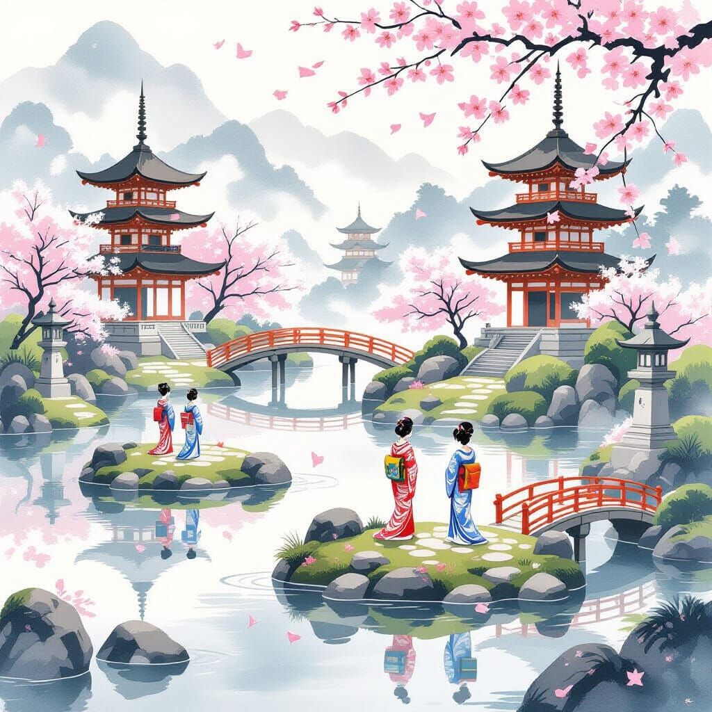 Serene Japanese Garden on Floating Islands