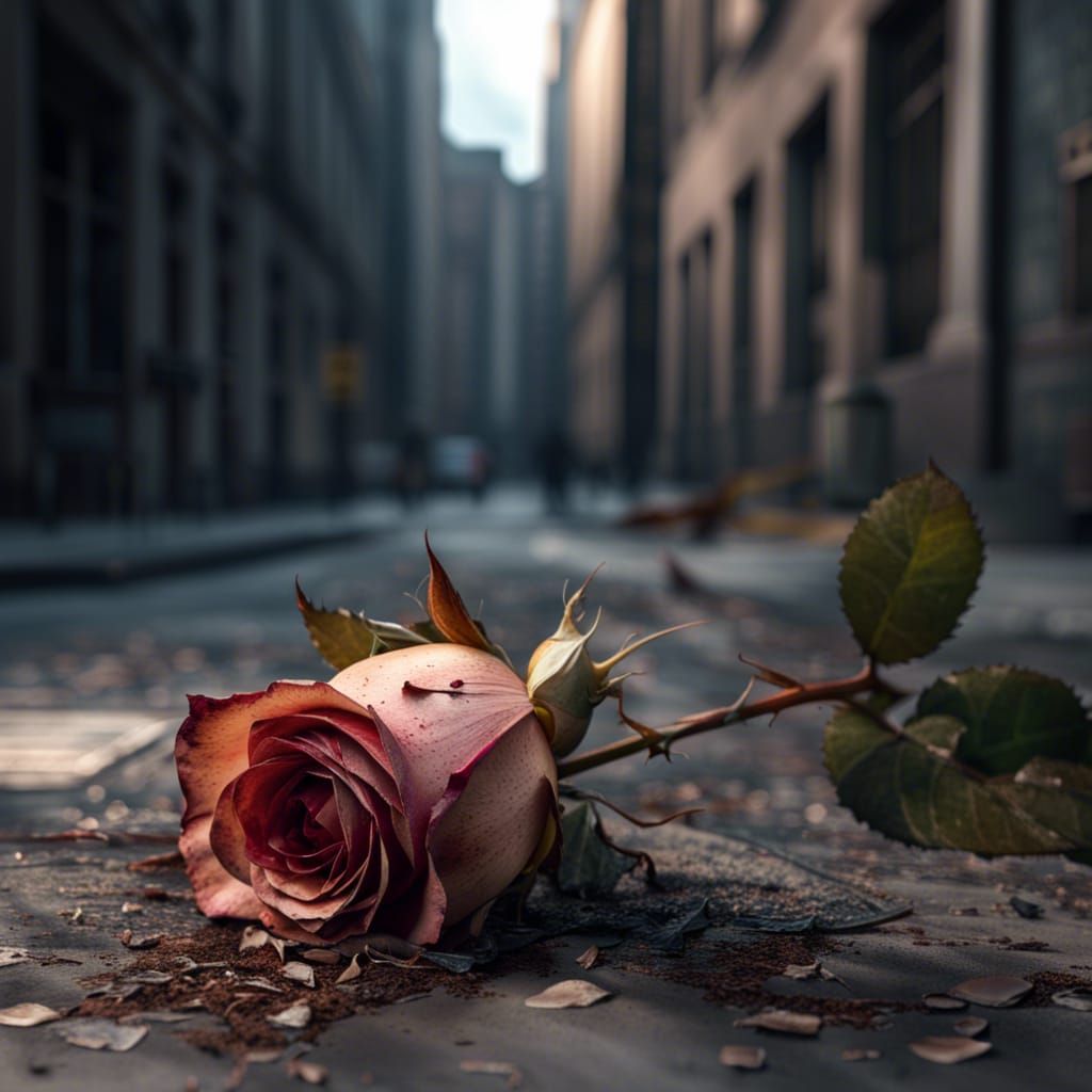 Hyperrealistic Wilting Rose in Decayed Cityscape