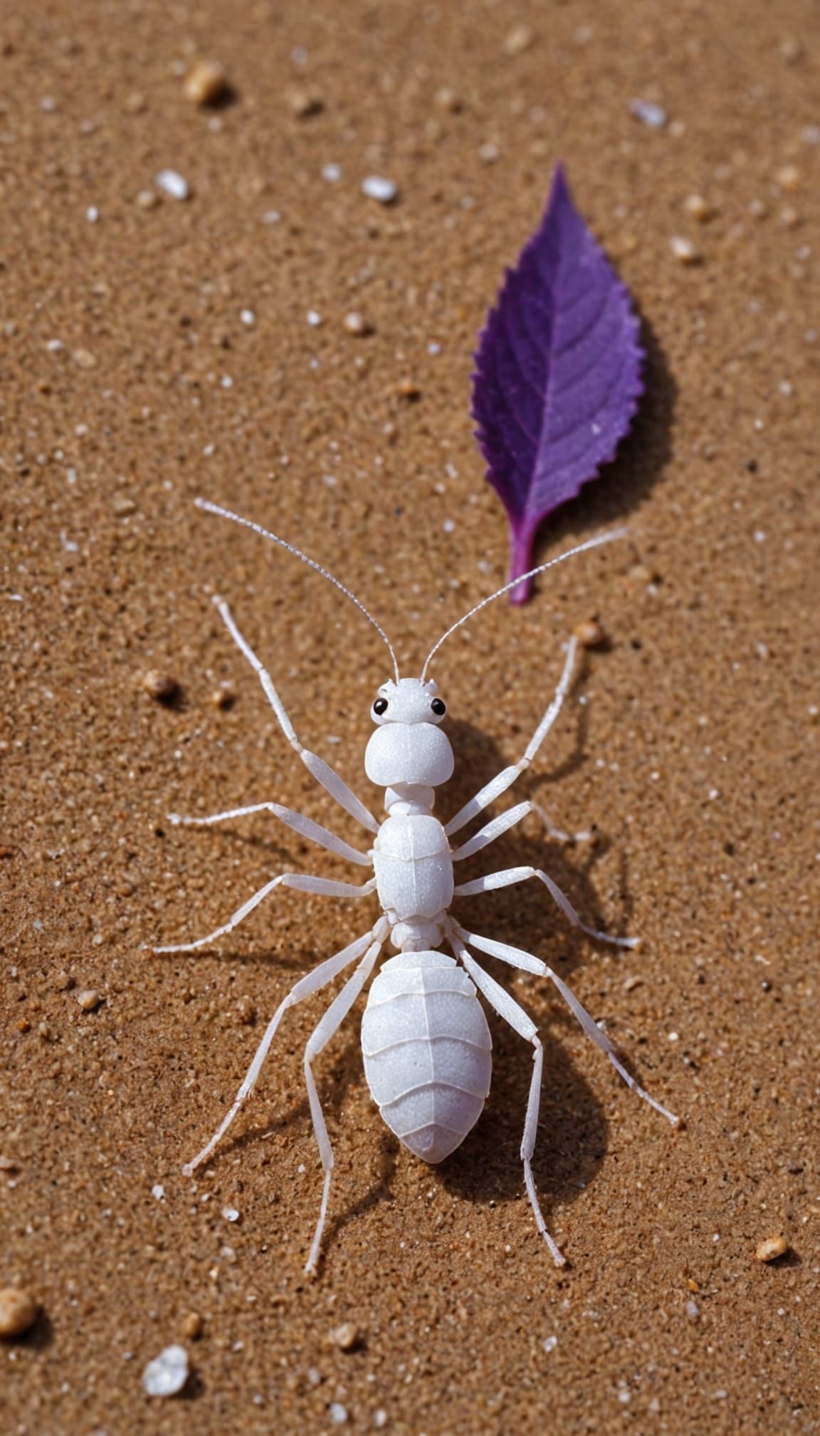 White Ant Crawls on Snowflake Sand Towards Purple Leaf