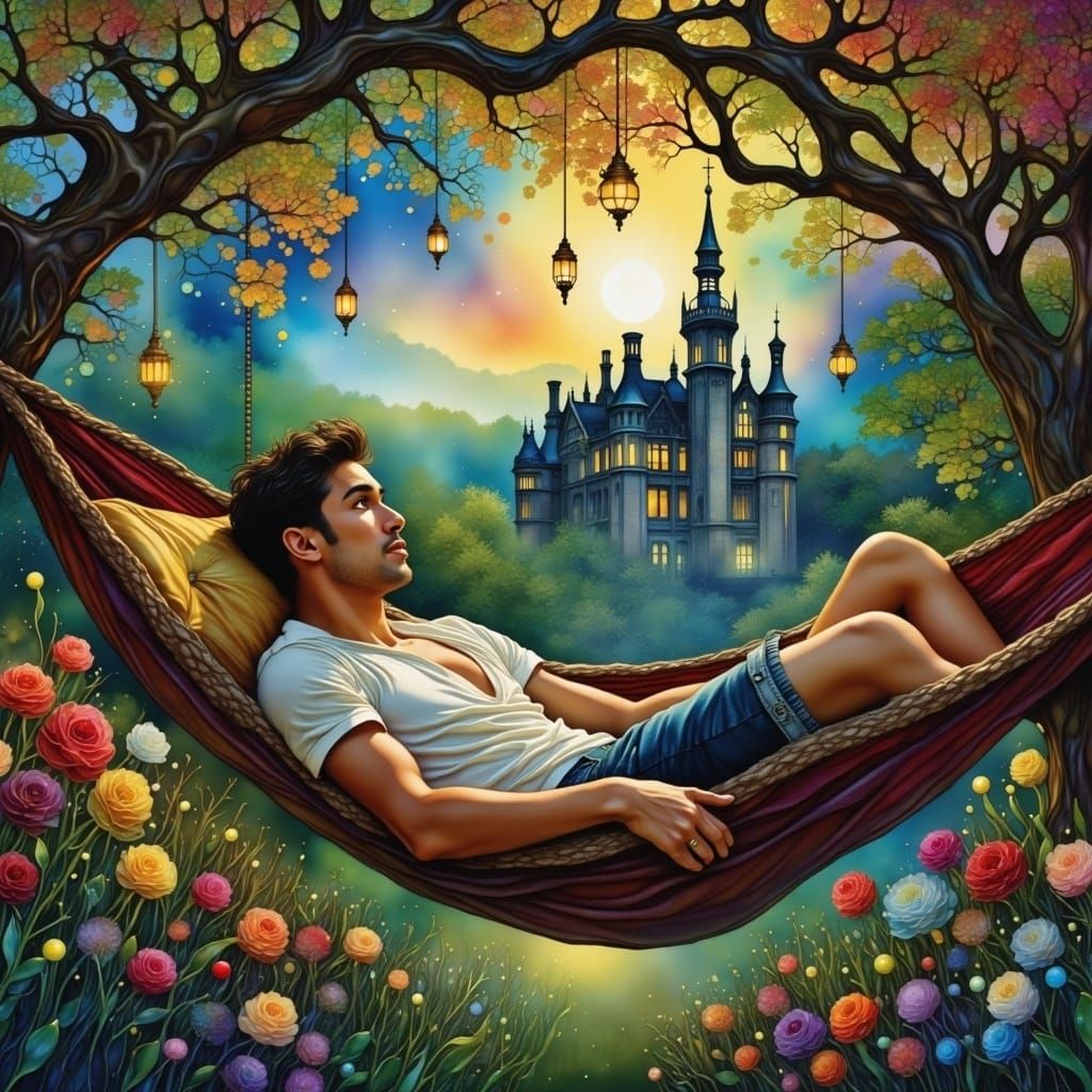 English Manor Scene with Man in Hammock