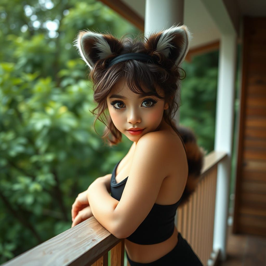 Enchanting Raccoon Maiden on Serene Veranda