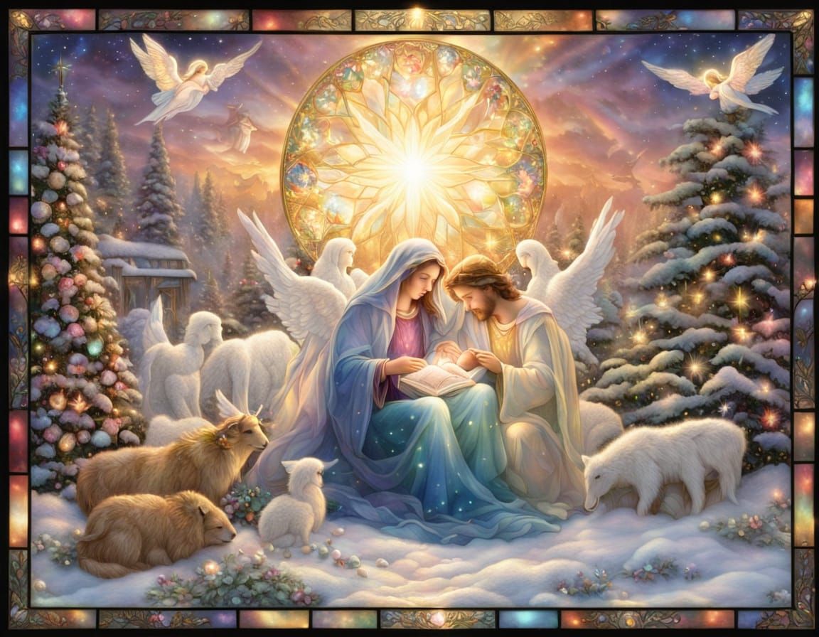 Iridescent Stained Glass Nativity Scene with Angels and Star