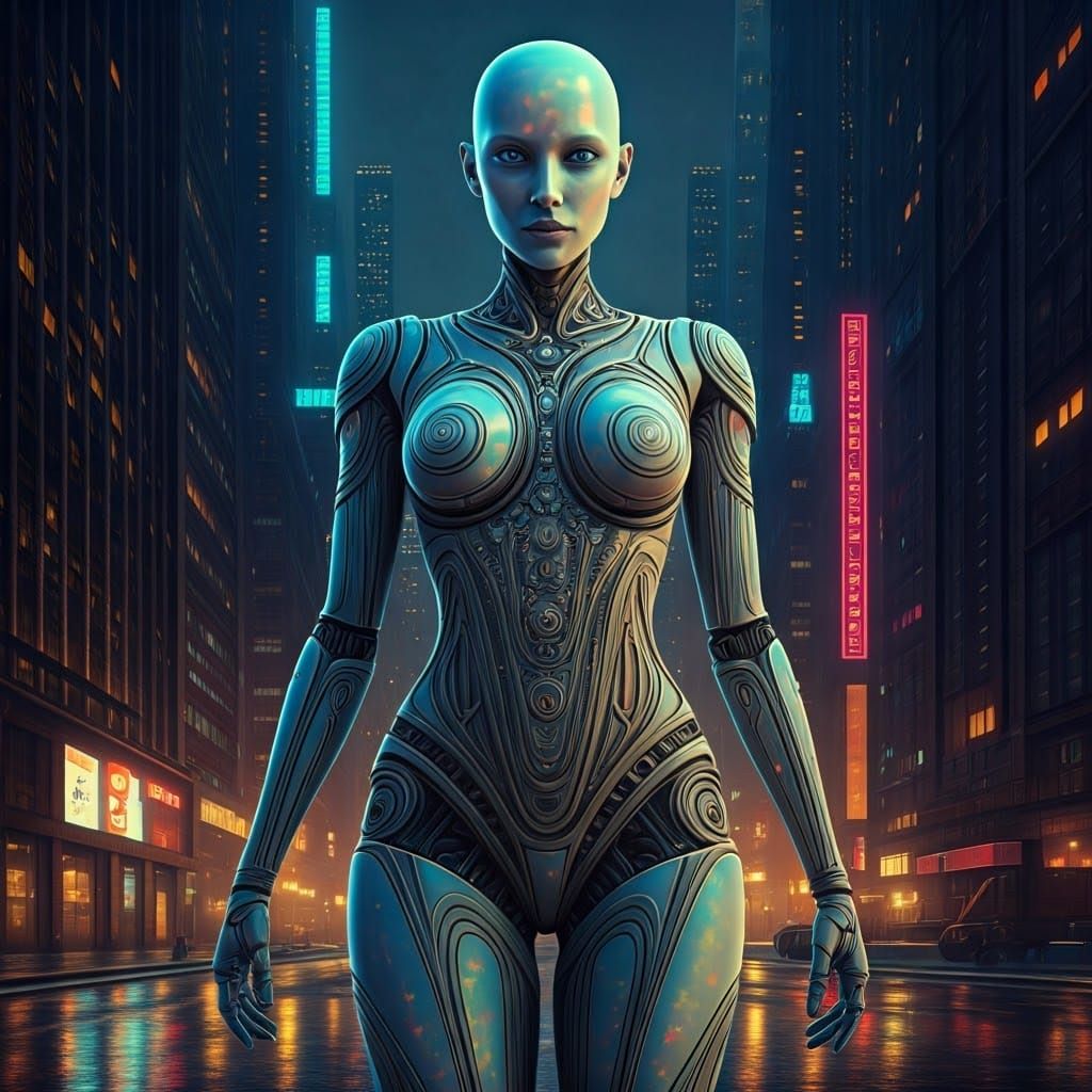 Cyberpunk Female Robot in Futuristic City