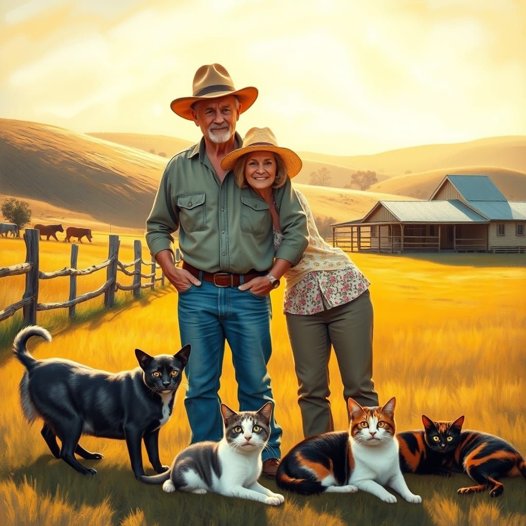 Warm Australian Farm Scene with Loving Couple and Furry Frie...