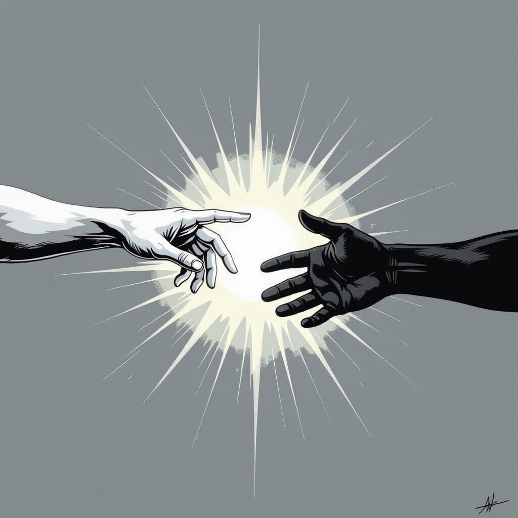 Contrasting Hands Reach Out: Light and Darkness