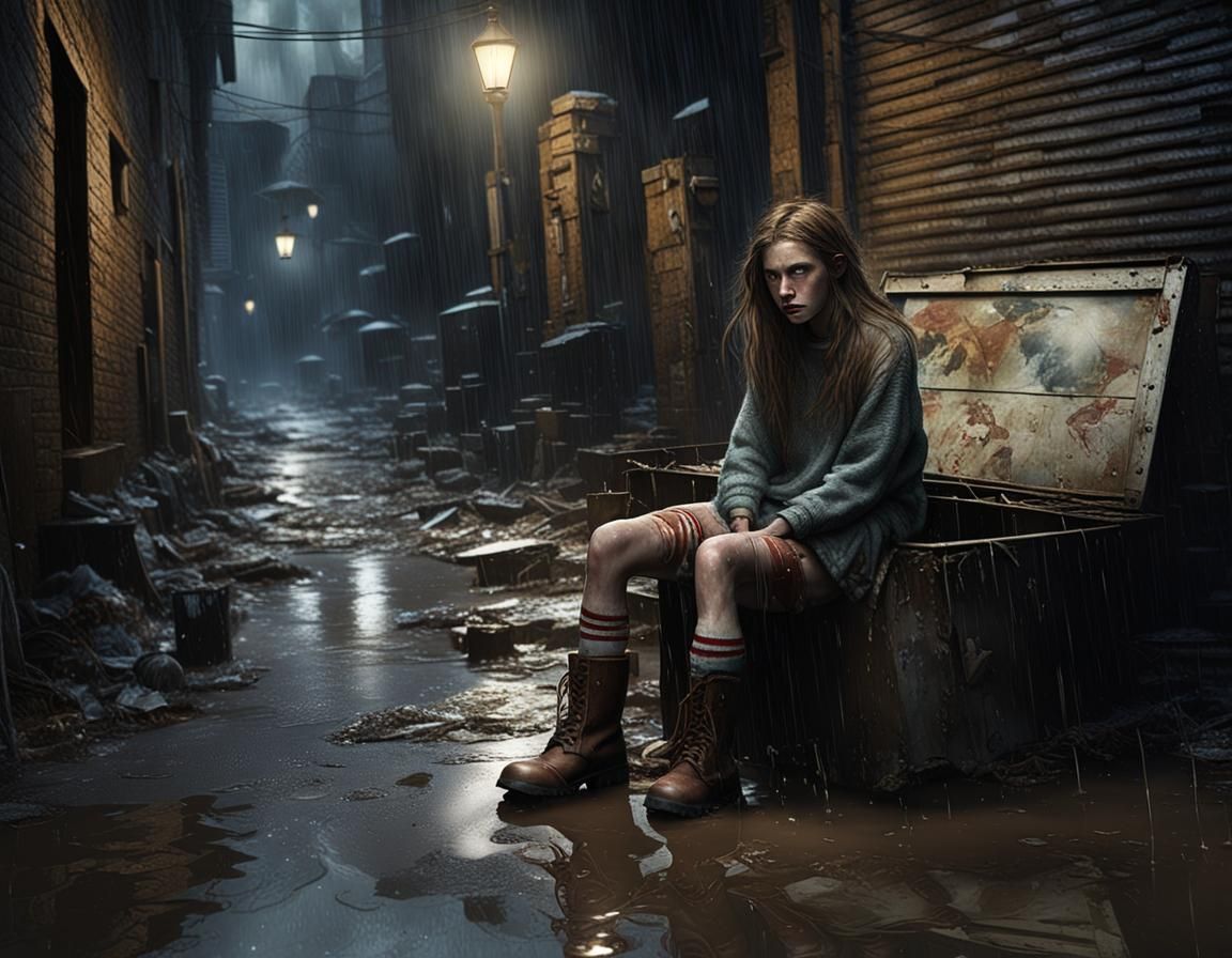 Ragged Girl in Rainy Alley: Photorealistic Matte Painting
