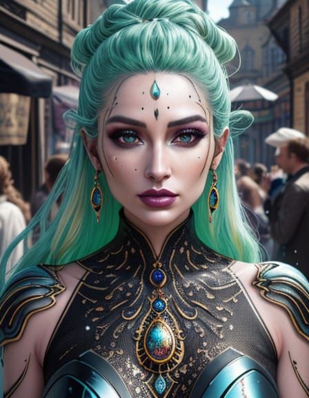 Alien Woman Sells Gems in Pop Art Marketplace