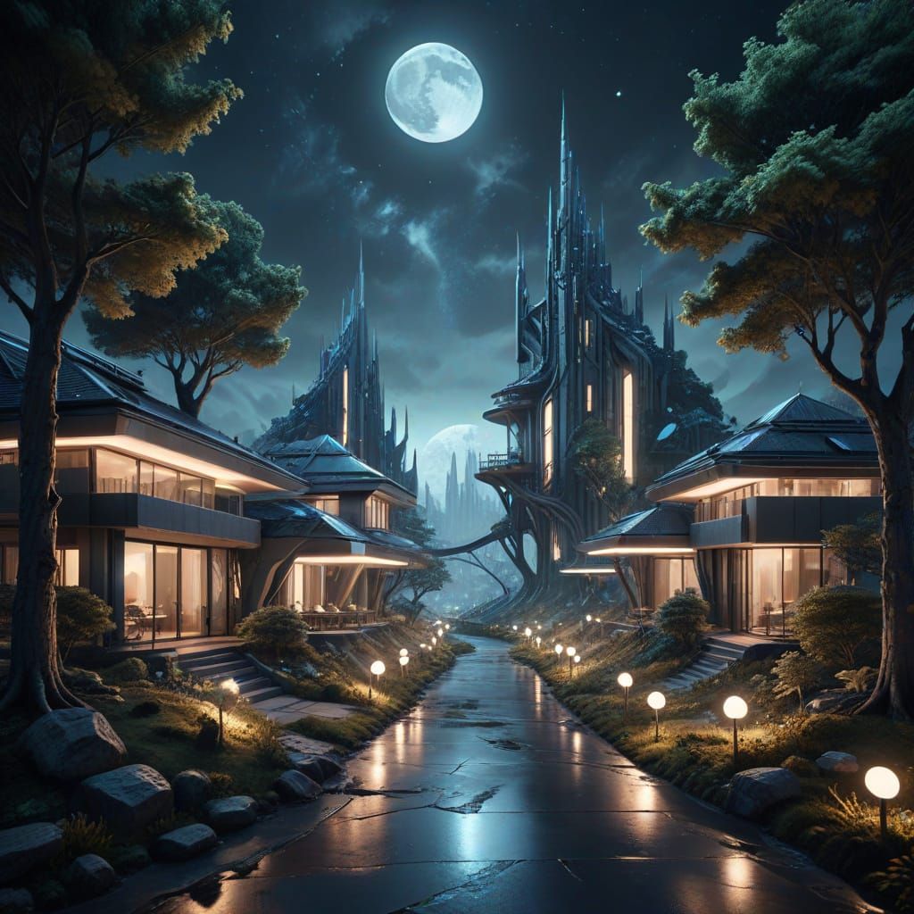 Serene Futuristic Lunar Neighborhood with Glowing Pathways a...