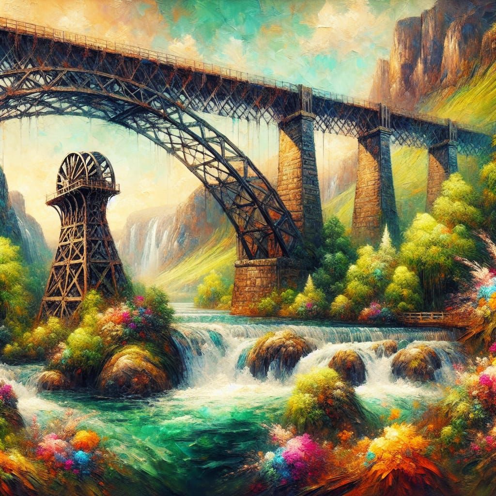 Vivid Oil Painting of Ornate Bridge and Waterfall