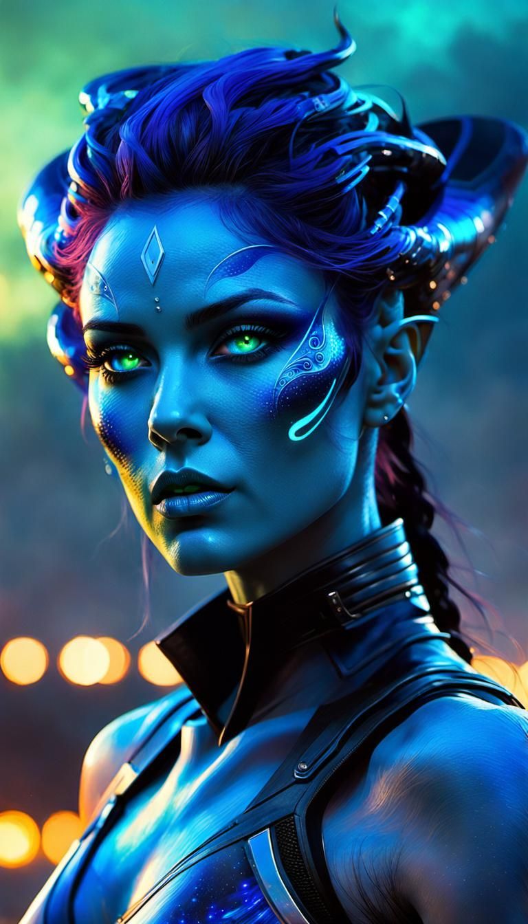 Alien Girl Portrait with Blue Flames
