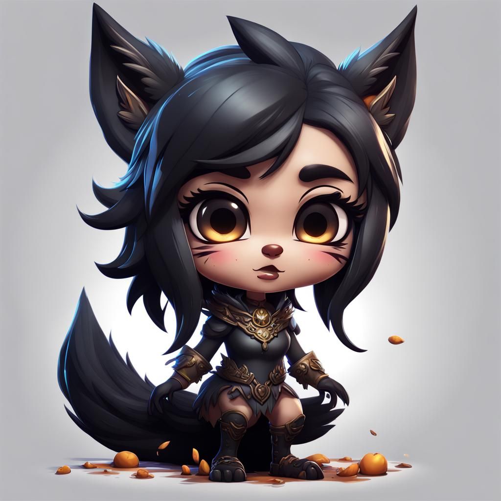 Detailed Chibi Black Wolf Girl Fantasy Art