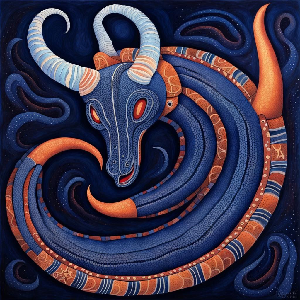 Avanyu Horned Serpent Emerges from Cosmic Ocean