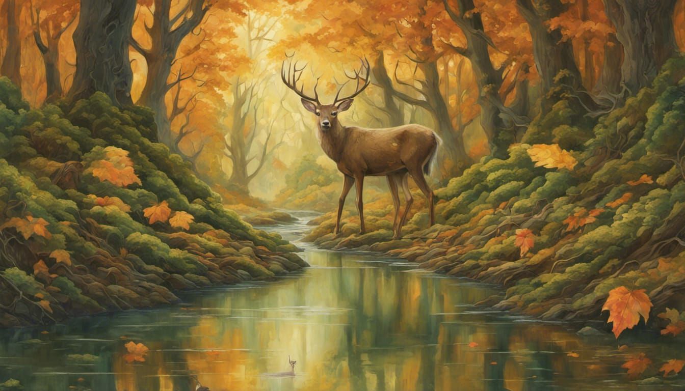Autumn Creek Scene with Deer in Magical Style