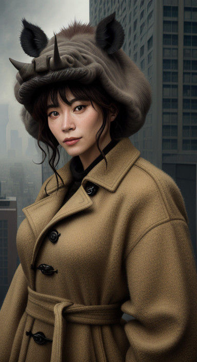 Lady in Trenchcoat and Knitted Rhinoceros Hat in Art Nouveau...