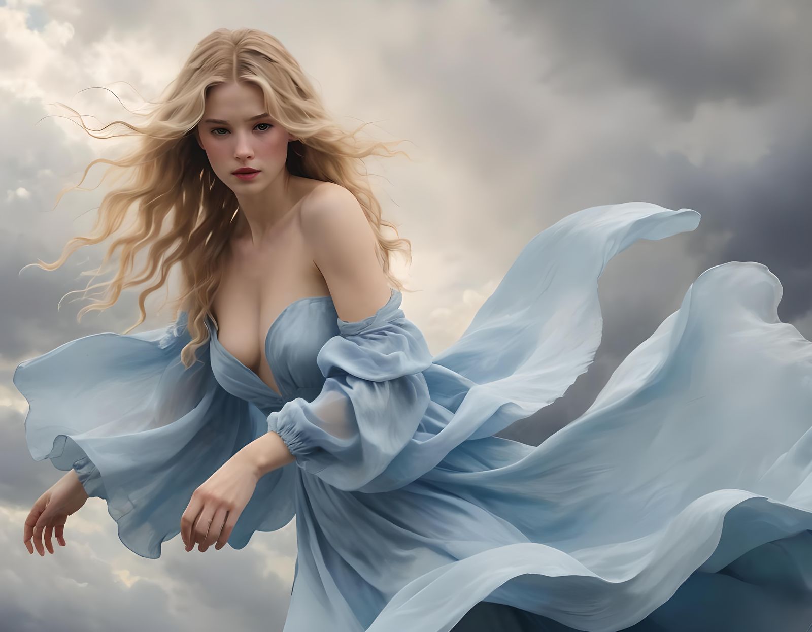 Dynamic Woman in Motion Against Dramatic Sky