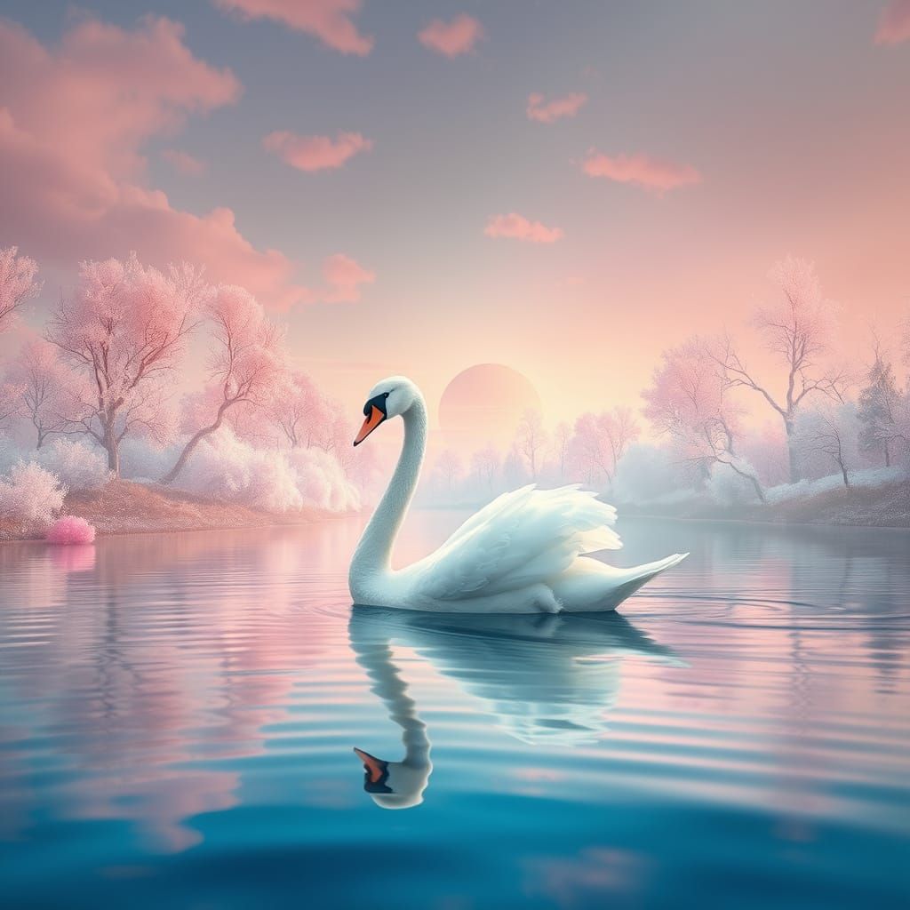 Majestic Swan on Rainbow Lake in Matte Painting Style