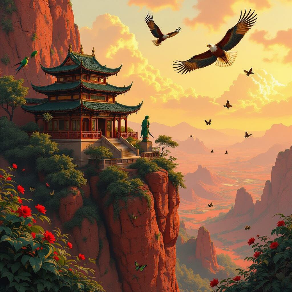 Green Jade Temple in Red Desert Landscape