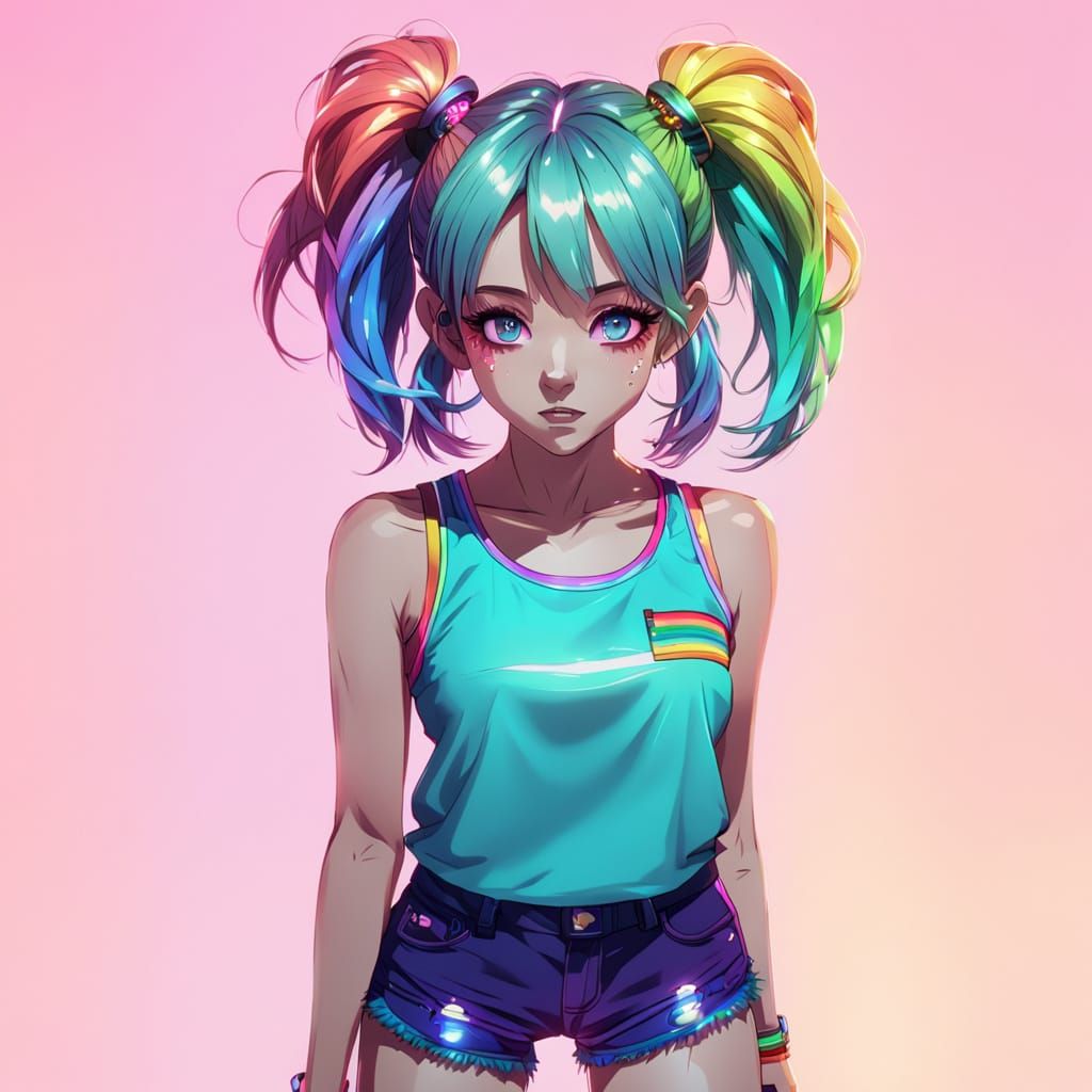 Anime Girl with Rainbow Pigtails in Neon City