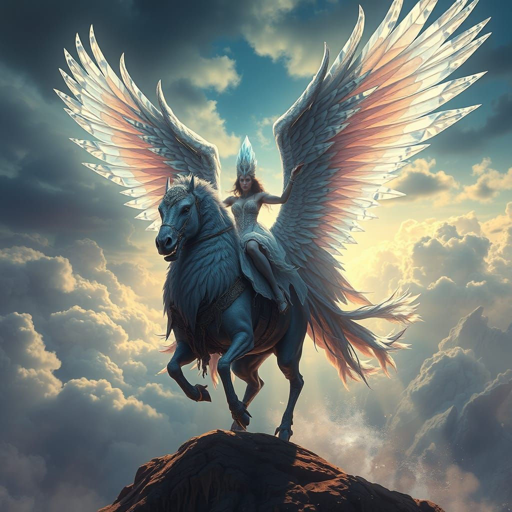 Crystal Woman Rides Talon in Dramatic Digital Painting