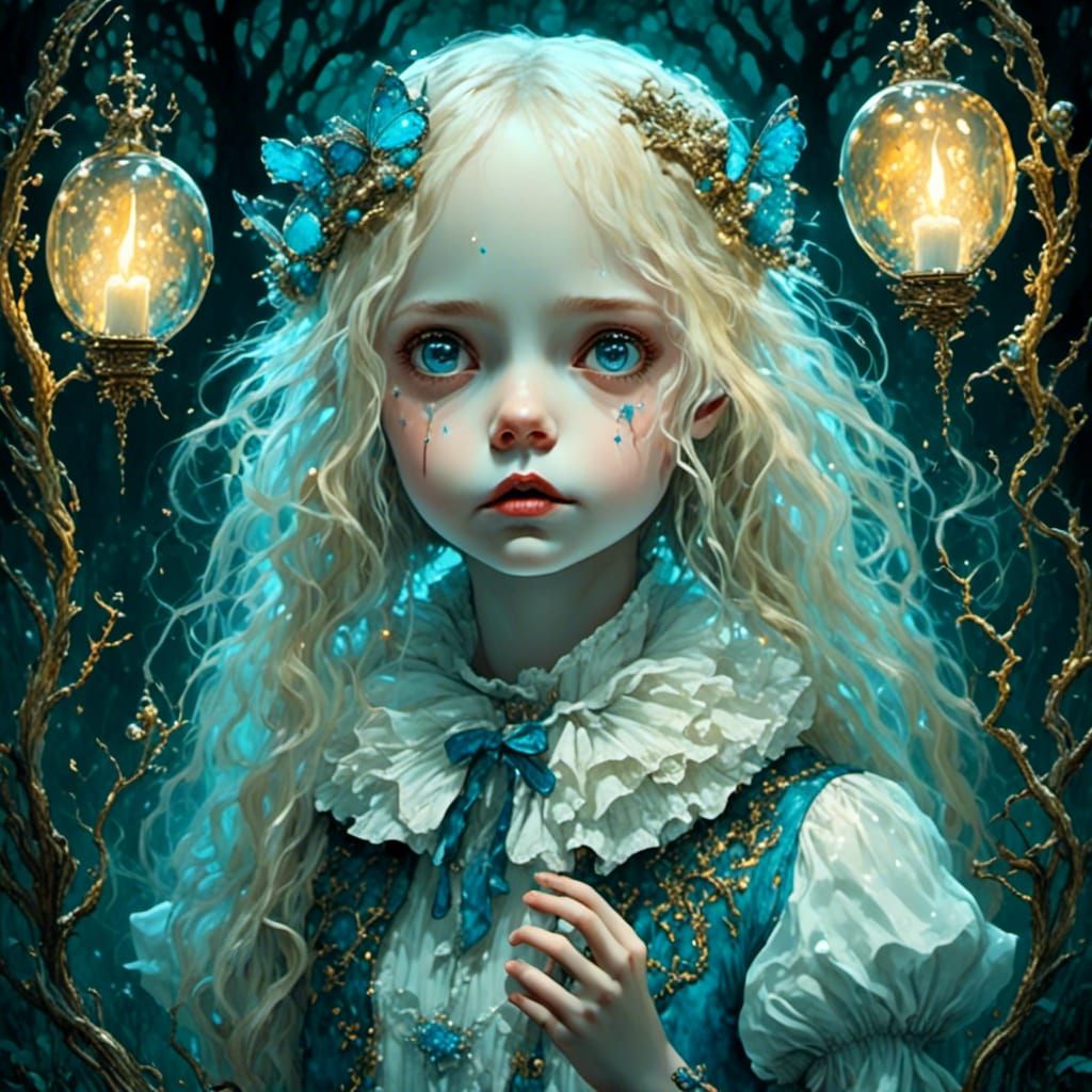 Bioluminescent Alice in Dark Fantasy Mirror Reflection