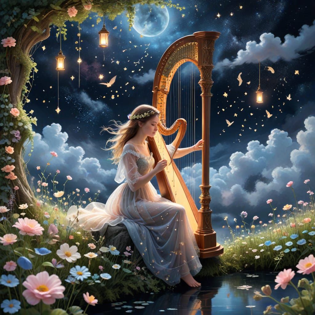 Harpist in Floating Garden Weaving Dream Scenes