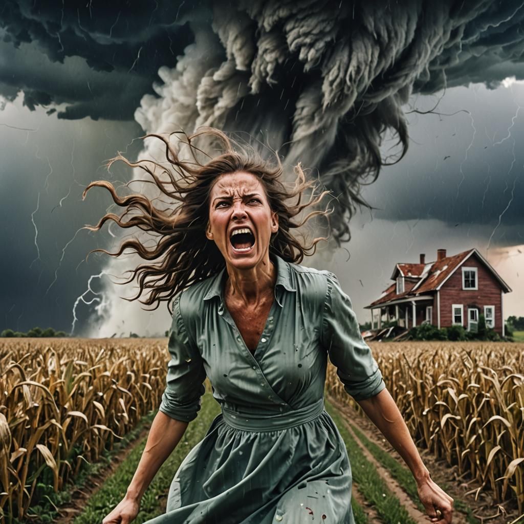 Woman in Tornado with Terrified Expression
