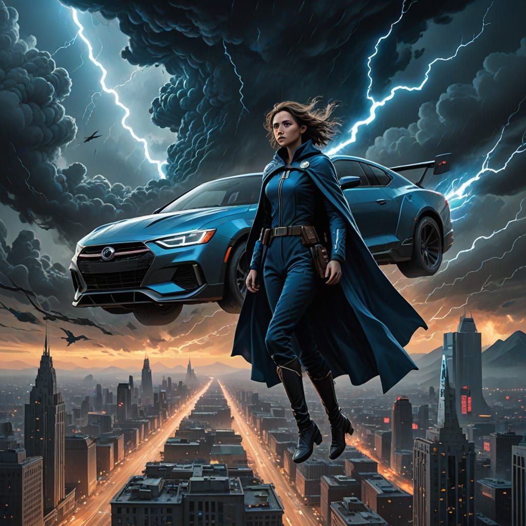 Heroine Soars Through Turbulent Sky in Maximalist Digital Pa...