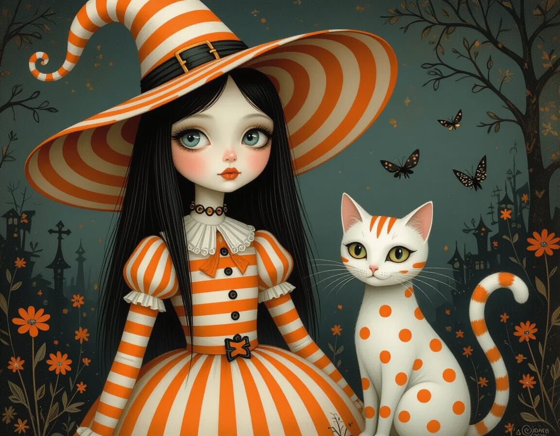 Whimsical Witch and Polka Dot Cat Oil Painting